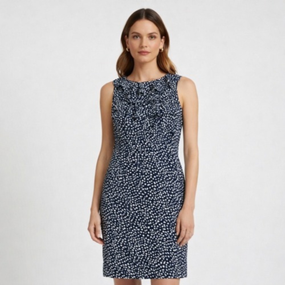 Adrianna Papell Dress Womens 4 Blue Polka Dot Sleeveless Ruffle Sheath Work